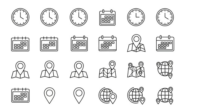 Hand drawn doodle icon set of time date and location elements like clocks calendars maps and pins. EPS Editable