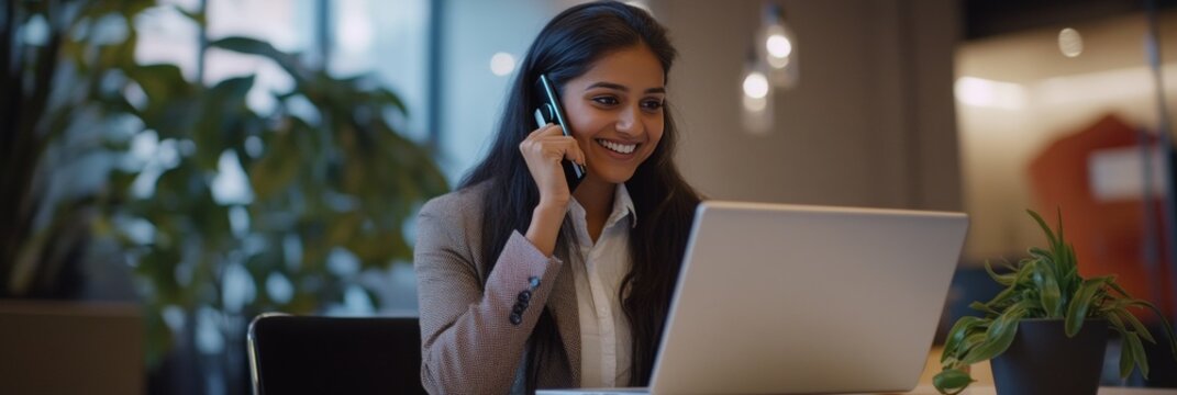 A professional woman working on a laptop while talking on the phone in an office setting. - Powered by Adobe