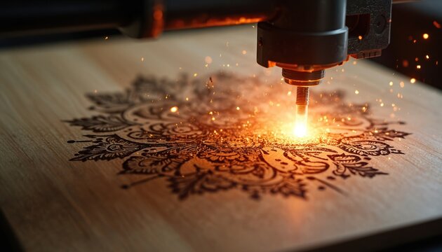 Laser engraving machine creates intricate design on wood surface. Burning sparks fly from precise beam crafting detailed pattern. Modern tech in workshop creates art.