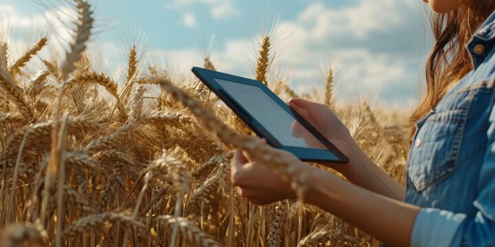 A woman wearing a denim shirt is standing in a field of golden wheat and looking at her tablet computer. The sky is blue with clouds, suggesting it's a pleasant day.