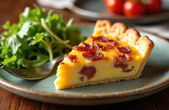 Slice of savory Quiche Lorraine with crispy bacon, melted cheese, onion baked on rustic plate. Fresh green salad, fork on wooden table. Delicious homemade egg tart, perfect healthy meal for brunch