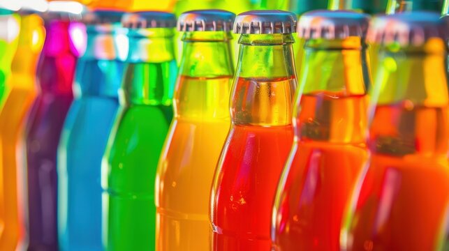 Colorful bottles of soft drinks arranged in a row. The bottles feature various vibrant colors, showcasing a variety of flavors and refreshing beverages.