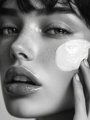 Young woman touching up her cosmetics on the go.