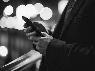 A man is holding a cell phone in his hand. He is wearing a suit and tie. The phone is black and the man is looking at it