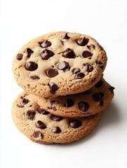 A stack of five golden-brown chocolate chip cookies on a white surface with soft shadows. Perfect for bakery or snack advertisement.