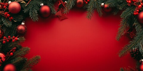 Bright red holiday decor with gold ornaments on a white surface.