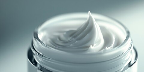 A small glass jar filled with white, smooth cream, topped with decorative whipped cream. Cream texture is emphasized in the center.