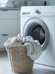 A laundry basket filled with neatly folded clothes sits next to a white front-loading washer. The setting suggests a clean, modern home or laundry room environment.