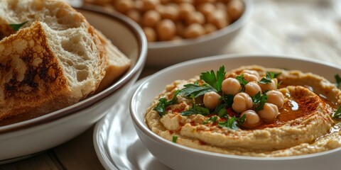A plate of hummus is on a table next to a plate of bread. The hummus is topped with chickpeas and parsley