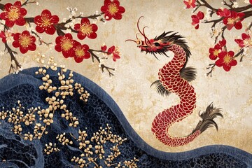 A dragon swims through waves of water surrounded by cherry blossoms.