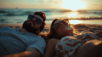 A romantic moment captured at sunrise with a couple lying on the sand while taking a selfie.
