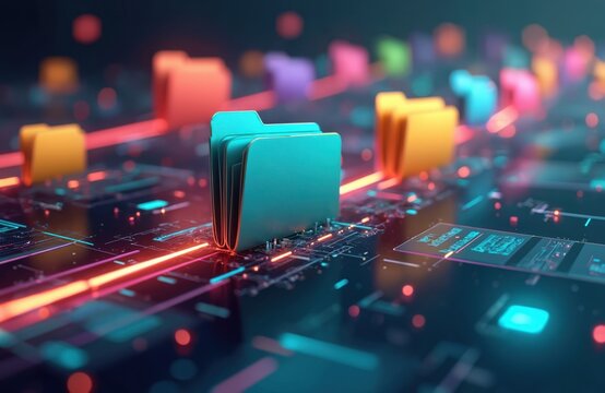 Digital folders and files on glowing circuits represent data organization. Online network connections show information flow. Colorful tabs and labels signify easy access and management.