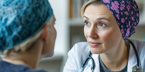 A female doctor talking with a patient in a hospital setting