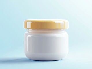 A clean and simple jar of cream sitting on a surface with a blurred background.