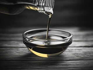 Single drop of oil dripping onto surface of small glass cup placed on dark wooden surface.