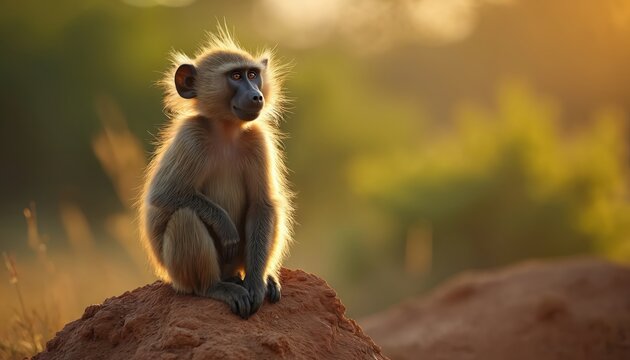 Young baboon sits on termite mound in warm golden light. Cute baby monkey rests alone in wild African savanna at sunset. Small primate observes surroundings on safari. Adorable animal in wilderness.
