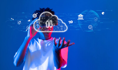 A person is engaged with virtual cloud technology, surrounded by holographic icons and symbols representing data and digital services in a futuristic environment. XDMCP