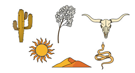 Illustrative desert landscape with cactus, sun, skull and snake for western themed designs