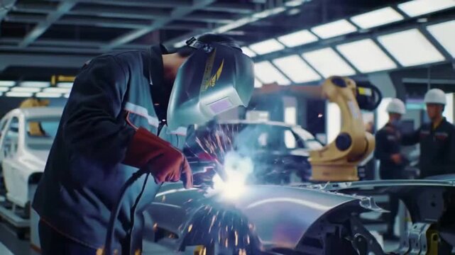 Dynamic auto worker expertly welding car chassis at modern factory with industrial robot in automotive manufacturing process