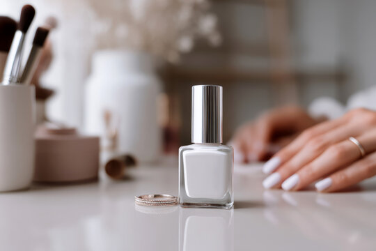 Elegant white nail polish bottle on vanity table with soft light for beauty blog or cosmetic product promotion