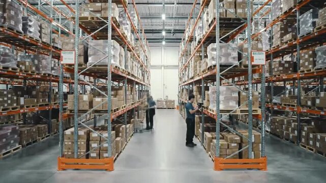 Busy warehouse operation with workers and stocked shelves showing supply chain efficiency and logistics in action for B-roll use cases