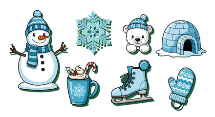 Cute winter holiday clip art collection featuring snowman, polar bear, igloo and snowflake vector design
