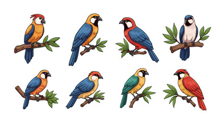 Obraz premium Collection of colorful parrots perched on branches illustration vector design graphic art images set for decoration