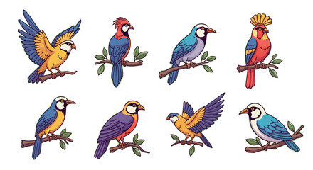Obraz premium Colorful tropical birds illustration collection of exotic avian species perched on tree branches design vector art