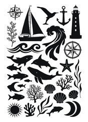 Fototapeta premium Nautical and Marine Life Silhouettes Collection