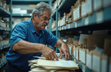 Older man in blue shirt works in storage facility. Organizes files, stacks papers on desk. Senior employee sorts important documents, manages inventory. Hardworking male clerk focuses on detailed