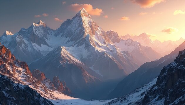 Majestic snowcapped mountain range scenery at dusk. Sun illuminates snow peaks. Awesome winter mountain landscape with valley, hills, dramatic sky. Travel concept. Hiking adventure with sunlight,