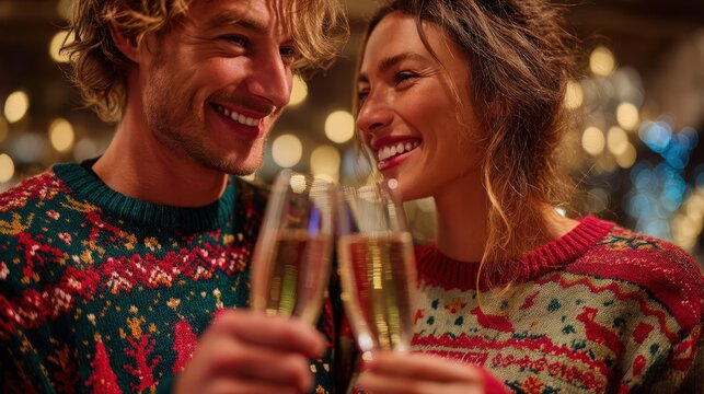 A man and a woman are holding glasses of champagne and smiling at the camera