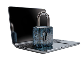 Digital padlock in front of a laptop computer as concept for cyber security and data protection, isolated on a white background, generative AI technology