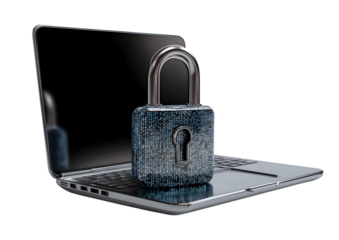 Digital padlock in front of a laptop computer as concept for cyber security and data protection, isolated on a white background, generative AI technology