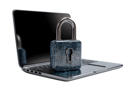 Digital padlock in front of a laptop computer as concept for cyber security and data protection, isolated on a white background, generative AI technology