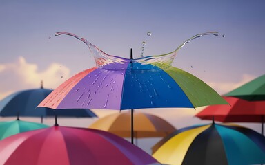 Colorful Umbrellas Splash Water Droplets in Artistic Composition
