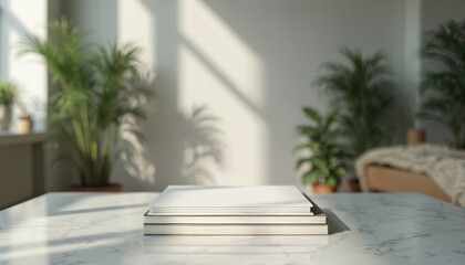 Stack of white books on table. Home interior background. Plants in pots near the wall with sunlight. Mockup template for book cover, magazine or brochure. Educational concept.