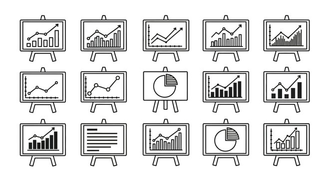 Outline presentation icon set of business charts and analytics graphs. EPS Editable
