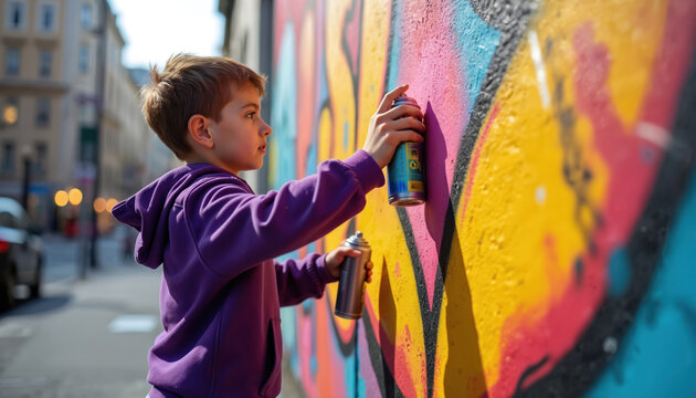Young artist applies bright colors to large graffiti wall in urban setting. Teenager uses spray paint creating vibrant artwork on city brick. Creative expression flourishes within street culture