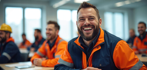 Happy bearded worker in uniform enjoys pro training session in modern classroom. Smiling man sits with male colleagues during safety seminar. Industrial team learns new skills for career advancement,
