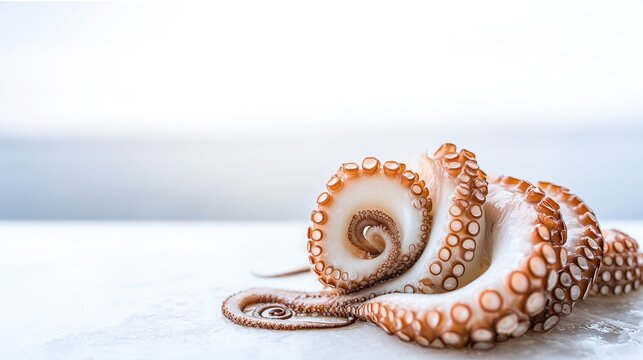 Close-up of fresh octopus tentacles on white surface with soft background