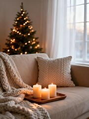 Cozy Christmas Living Room with Knitted Blanket and Festive Lighting
