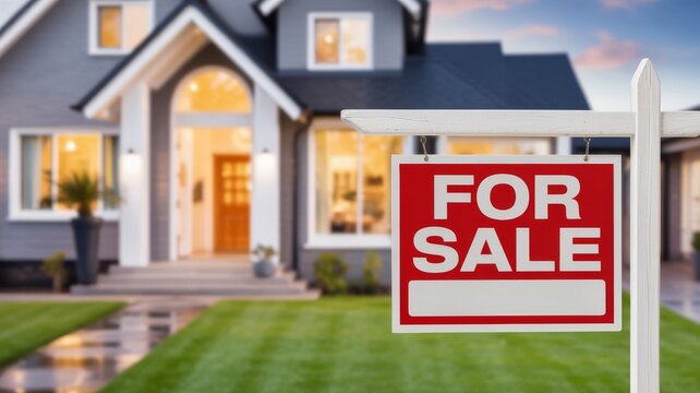 Welcoming Real Estate Agent at Open House. For Sale sign posted in front. The house itself and the open front door are softly blurred in the background, ample copy space on the sign and yard