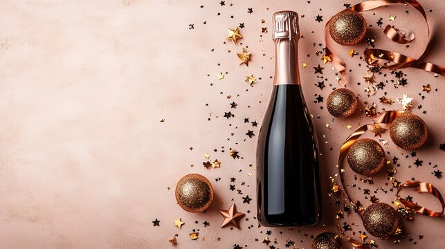 Champagne Bottle and Flute with Gold Star - Shaped Confetti on Beige Background for Celebration