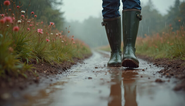 Person walks on muddy rural road in wellington boots. Rain falls on countryside path reflecting in puddles. A solitary figure explores wet field landscape, enjoying outdoor walk.