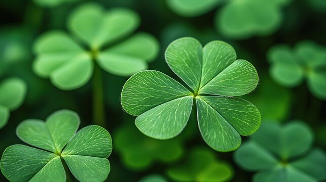 Fototapeta Close - up of Green Four - leaf Clovers with Detailed Veins