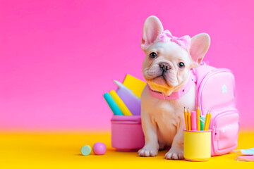 Cute French bulldog with school supplies and backpack on yellow background cheerful study vibe