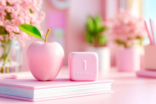 Cube calendar with date September apple and school books on classroom table back to school theme