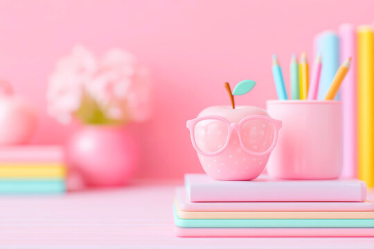Cup with school stationery apple and books on white background education study concept - Powered by Adobe