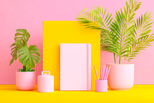 Minimal academic layout blank notebook and school stationery on yellow background